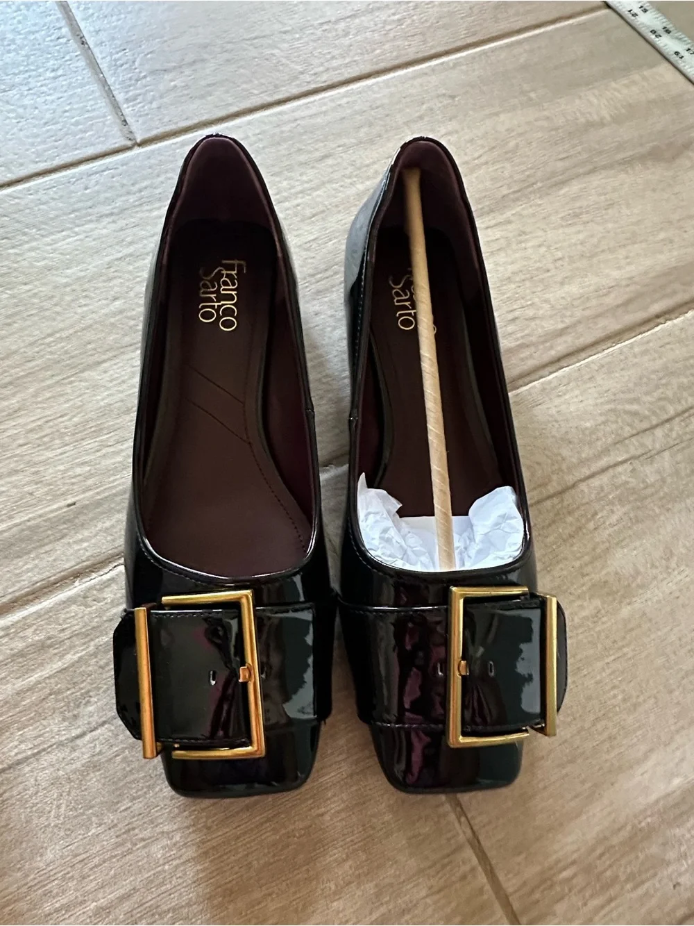 Franco Sarto Black Patent Flats with Gold Buckle